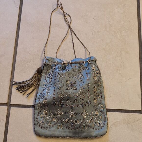 NWT Megan Park handmade beaded silk drawstring bag light blue - Picture 2 of 13